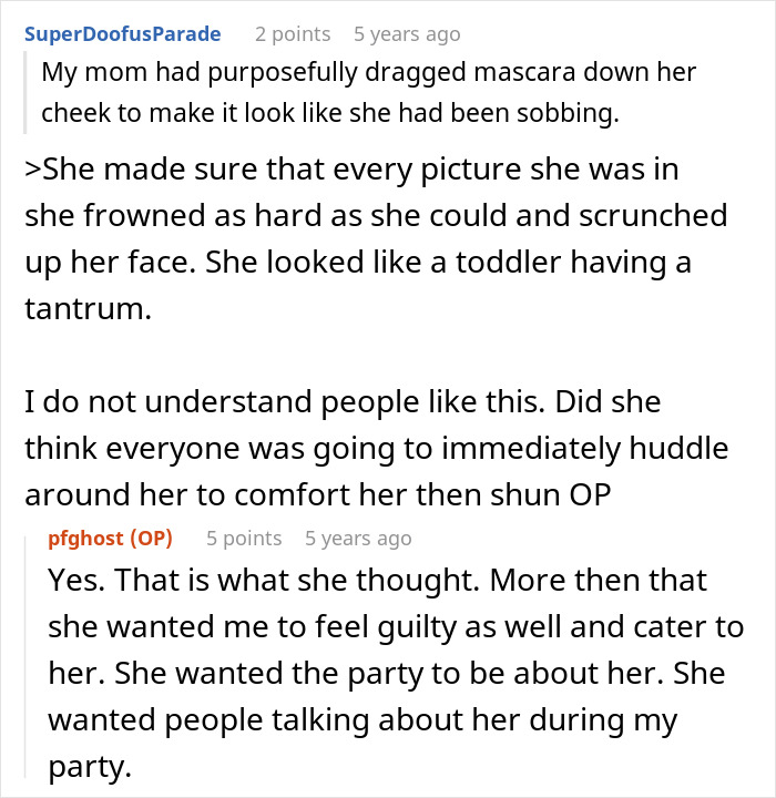 A screenshot of a comment about an ex-wife feigning tears at a daughter's graduation BBQ. A screenshot of a comment about an ex-wife feigning tears at a daughter's graduation BBQ.
