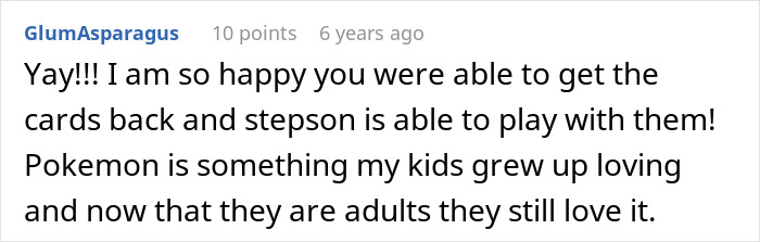 A comment expresses happiness that the stepson's gifts were returned after grandma's accusation.
