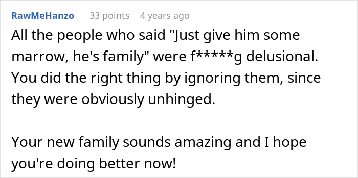 A comment supporting an adopted teen against birth parents' demands for marrow, praising their new family. A comment supporting an adopted teen against birth parents' demands for marrow, praising their new family.