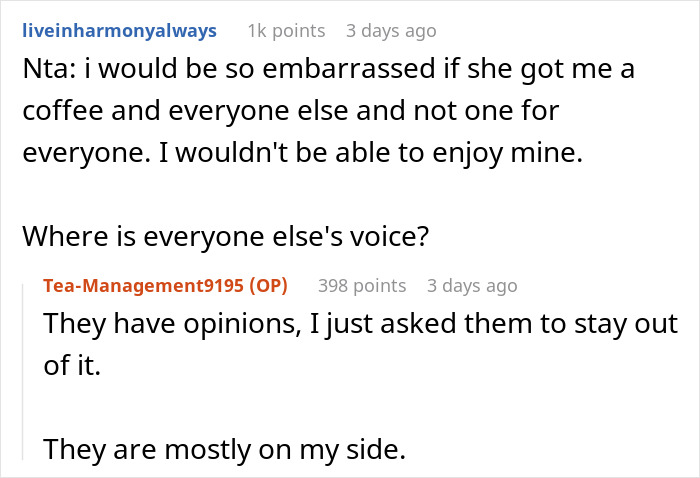 Reddit comment: Embarrassed if she got me coffee and not everyone else, MIL matches DILs coffee order.