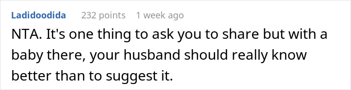 A comment stating a husband should know better than to suggest sharing a bed with a baby, relating to the wife confronting in-laws.