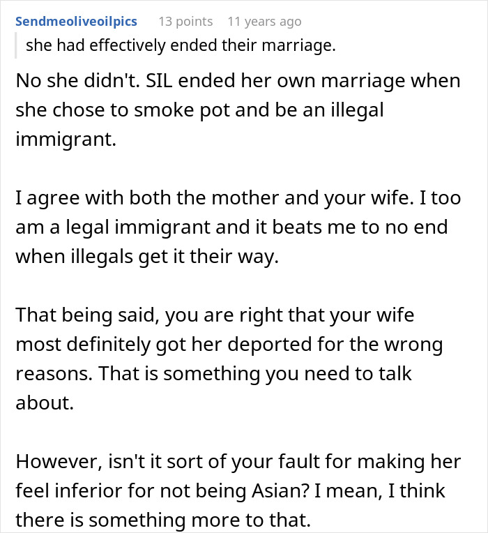 A comment disputing the wife's role in the deportation, blaming the SIL's illegal status, and criticizing the wife's jealousy.