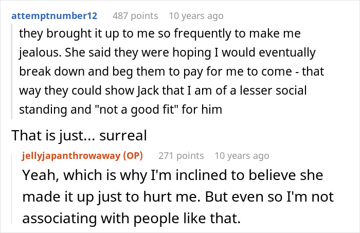 Comment thread revealing a boyfriend's family's cruel plan to make a woman feel poor, affecting her dream. Comment thread revealing a boyfriend's family's cruel plan to make a woman feel poor, affecting her dream.