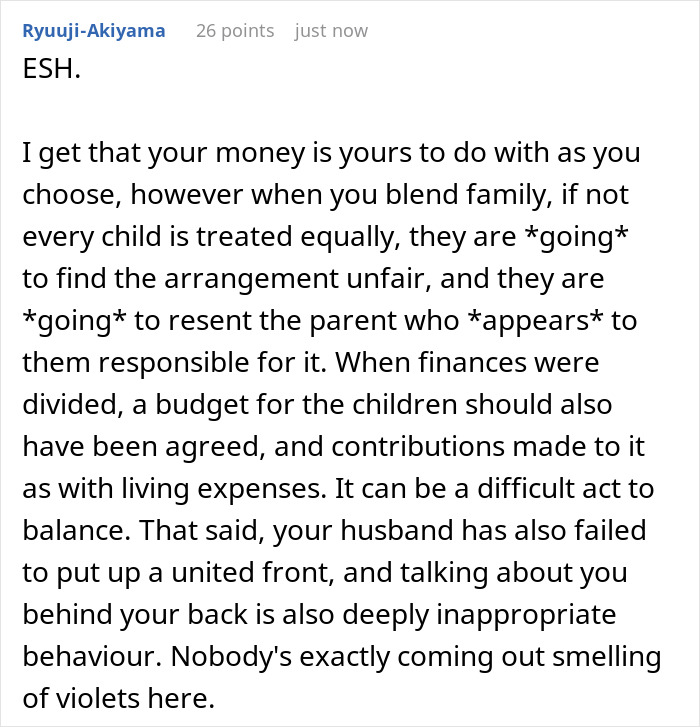 A comment about mom refusing to fund kids, emphasizes treating children equally in a blended family to avoid unfairness. A comment about mom refusing to fund kids, emphasizes treating children equally in a blended family to avoid unfairness.