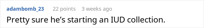 A comment stating the son might be starting an IUD collection, related to the weird object in son's room.