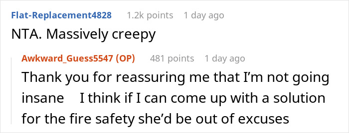 A screenshot of a Reddit comment where a user suggests the controlling mom is massively creepy for forbidding her daughter from locking her door. A screenshot of a Reddit comment where a user suggests the controlling mom is massively creepy for forbidding her daughter from locking her door.