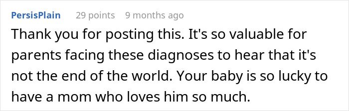 A supportive comment for parents facing a Down Syndrome diagnosis, emphasizing a mom's love.