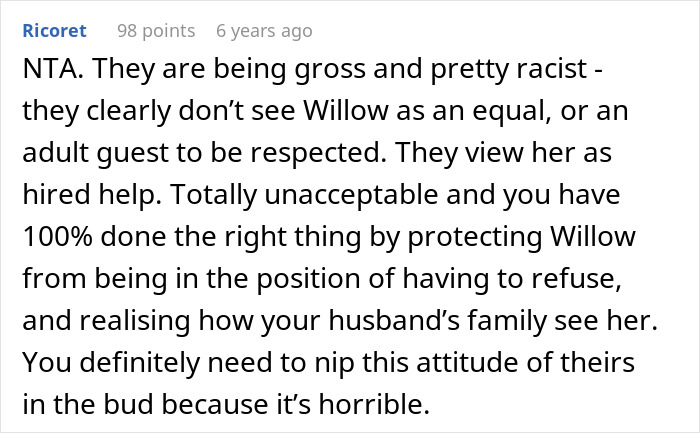 Reddit comment condemning racist behavior of in-laws toward a best friend on family vacation. Reddit comment condemning racist behavior of in-laws toward a best friend on family vacation.