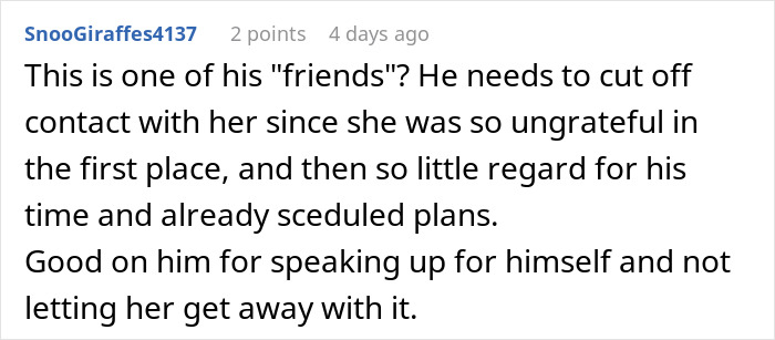 A comment on the photographer's response, stating, This is one of his friends? He needs to cut off contact with her since she was so ungrateful in the first place.