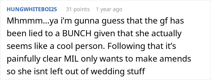 A Reddit comment discussing a wedding dispute, highlighting in-laws request that can tear a family apart. A Reddit comment discussing a wedding dispute, highlighting in-laws request that can tear a family apart.