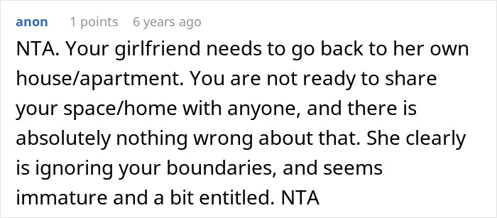 A Reddit comment on a woman ignoring boundaries after moving into a guy's house.