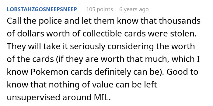 A comment advises calling police about stolen collectible cards, exposing the grandma's true colors.