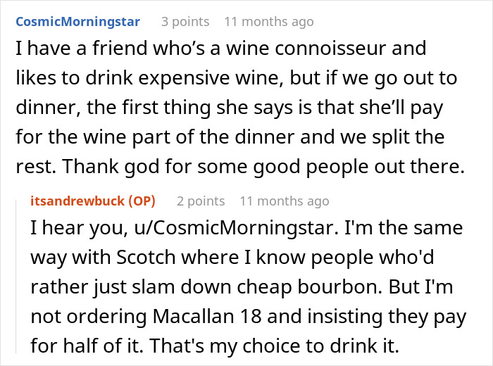 A screenshot of a Reddit comment about a couple finding dinner buddies who make them pay their bills. A screenshot of a Reddit comment about a couple finding dinner buddies who make them pay their bills.