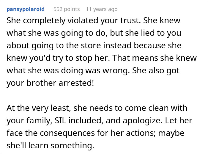 A comment detailing the wife's betrayal and the consequences of her secret police call, including deportation.