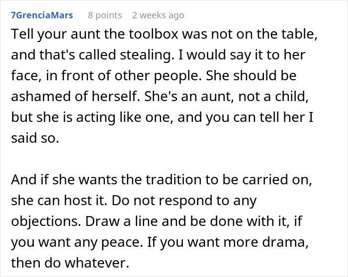 A comment advising to confront the Aunt about stealing from the free table tradition and acting like a child.