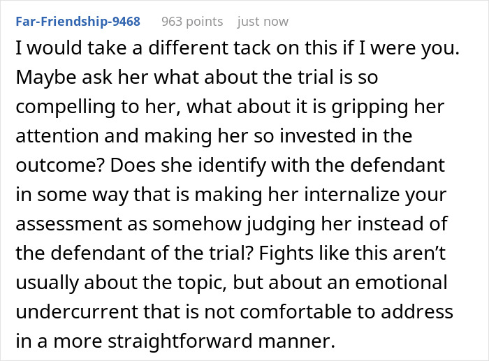 A screenshot of a Reddit comment advising to ask the wife what about the criminal trial is compelling to her, suggesting it might be about an emotional undercurrent.