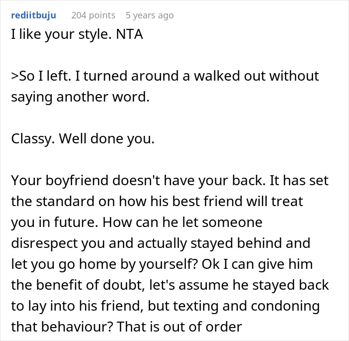 A screenshot of a Reddit comment supporting a user who left a party after his boyfriend was not welcomed.