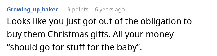 A comment on Future Grandma's baby's First Christmas plans, suggesting parents are free from buying Christmas gifts. A comment on Future Grandma's baby's First Christmas plans, suggesting parents are free from buying Christmas gifts.