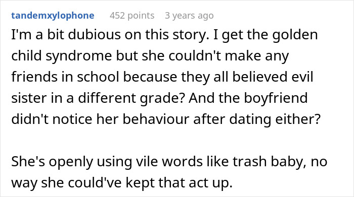 A comment expressing doubt about the story of the toxic infertile sister, citing inconsistencies. A comment expressing doubt about the story of the toxic infertile sister, citing inconsistencies.