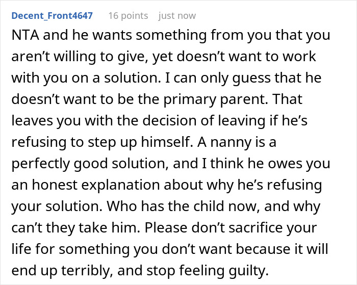 A comment advising the wife not to be the primary caregiver and to consider leaving if her husband won't step up. A comment advising the wife not to be the primary caregiver and to consider leaving if her husband won't step up.