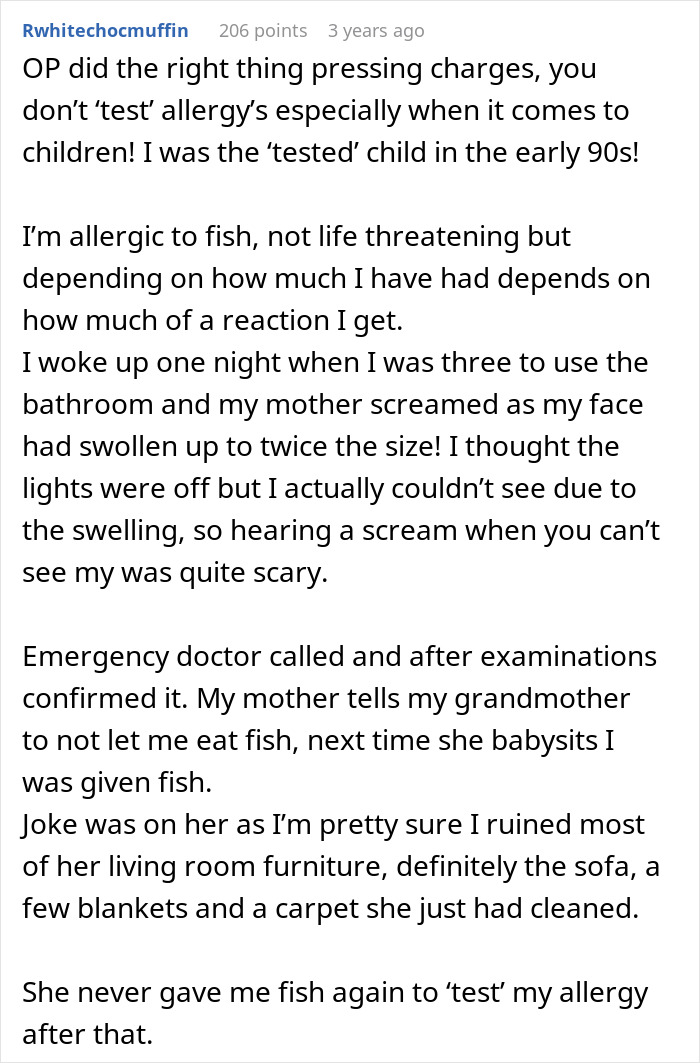A Reddit comment about a woman's sister deliberately triggering her son's allergy, with a personal story about a fish allergy. A Reddit comment about a woman's sister deliberately triggering her son's allergy, with a personal story about a fish allergy.