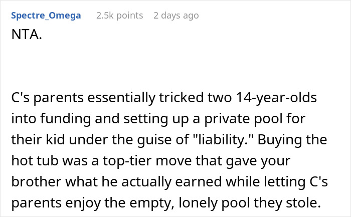 A Reddit comment details how parents tricked kids into funding a private pool, praising the hot tub purchase. A Reddit comment details how parents tricked kids into funding a private pool, praising the hot tub purchase.
