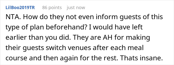 A Reddit comment criticizing a 4-venue wedding for not informing guests of the plan and making them switch venues.