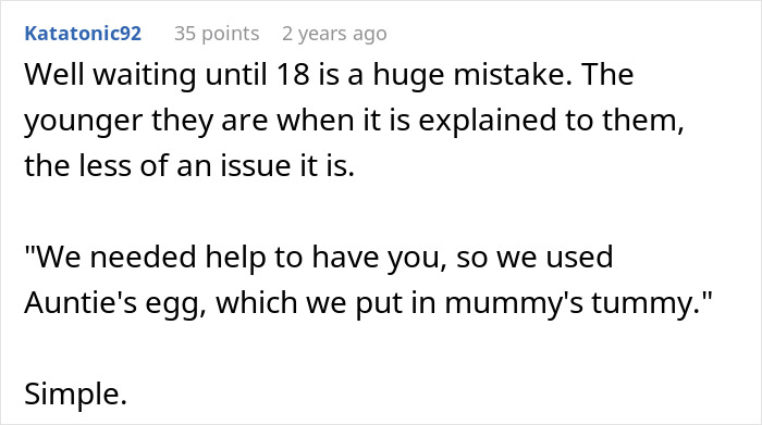 A comment advises explaining how the sister helped have a baby to the child early, not secret for 18 years. A comment advises explaining how the sister helped have a baby to the child early, not secret for 18 years.