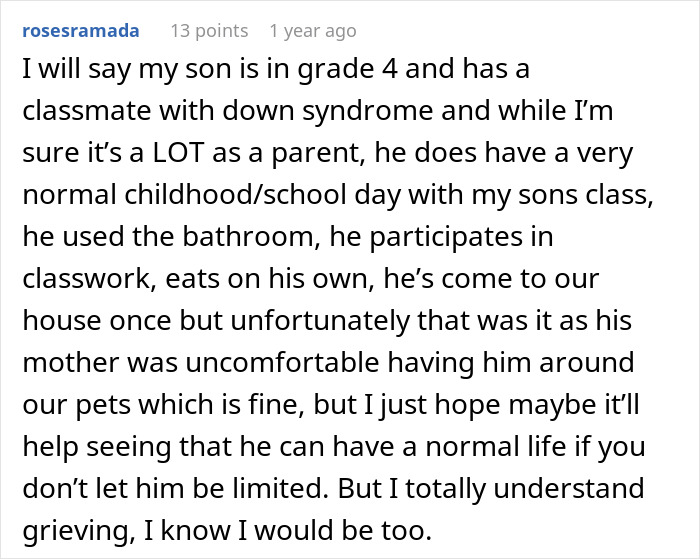 A parent discusses their son's classmate with Down syndrome, highlighting a normal childhood.