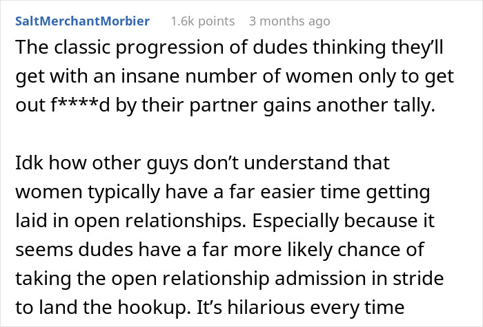 A comment discusses men thinking they'll get with many women in an open relationship and being outplayed. A comment discusses men thinking they'll get with many women in an open relationship and being outplayed.