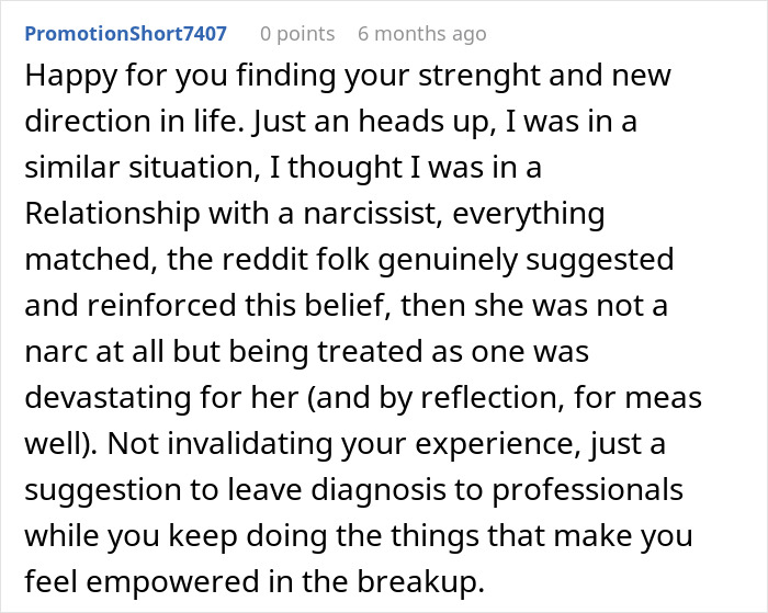 A screenshot of a comment about a relationship, discussing finding strength and a new direction after believing one was in a relationship with a narcissist. A screenshot of a comment about a relationship, discussing finding strength and a new direction after believing one was in a relationship with a narcissist.