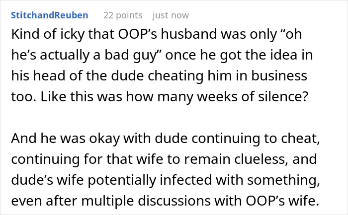 A comment detailing how a guy's affair was exposed before a group vacation, taking down more cheaters. A comment detailing how a guy's affair was exposed before a group vacation, taking down more cheaters.