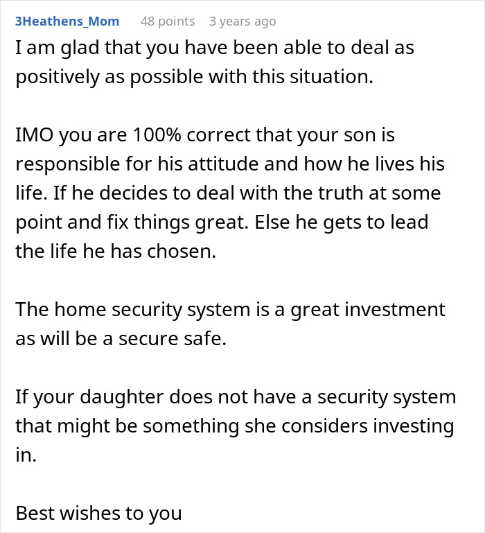 Screenshot of a comment advising a father on his son's responsibility and suggesting a home security system for a family heirloom. Screenshot of a comment advising a father on his son's responsibility and suggesting a home security system for a family heirloom.