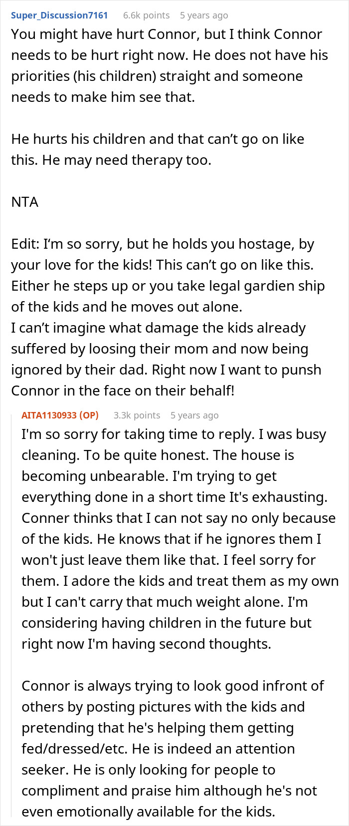 A screenshot of a reddit comment discussing a grieving guy's neglect of his children while SIL does the WFH job. A screenshot of a reddit comment discussing a grieving guy's neglect of his children while SIL does the WFH job.