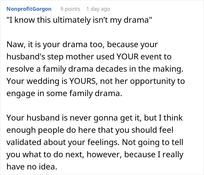 A Reddit comment about a woman apologizing for stealing a husband at a wedding, calling it family drama. A Reddit comment about a woman apologizing for stealing a husband at a wedding, calling it family drama.