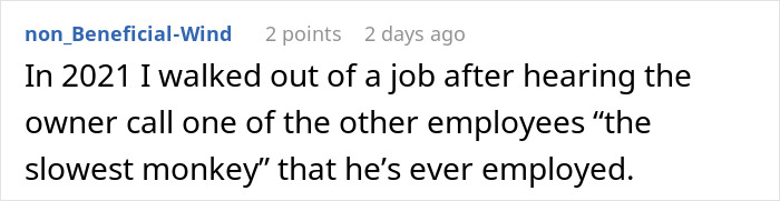 A comment describing an incident where an owner called an employee a derogatory term, reflecting poor leadership.