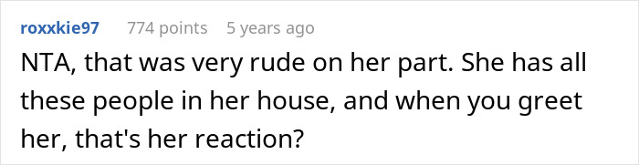 A screenshot of a Reddit comment discussing the rude host's reaction at the party.