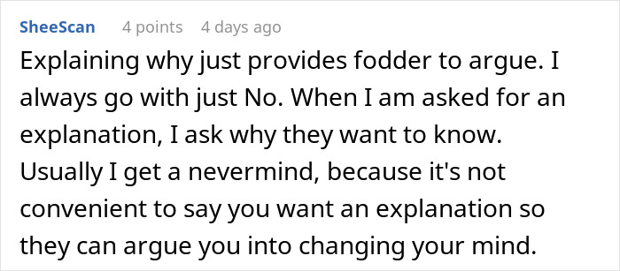 A comment on a photographer's perfect response to an entitled woman, advising against explanations.