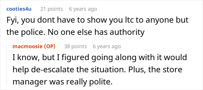 Discussion about a shopper having a weapon, emphasizing the legal requirement to show LTC only to police, not to a Karen.