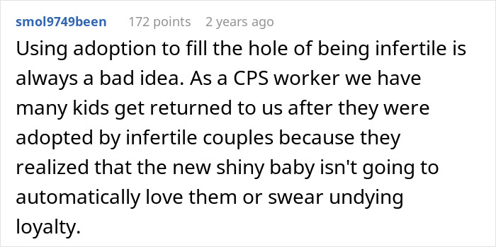 A screenshot of a Reddit comment from a CPS worker discussing issues with infertile couples using adoption to conceive.