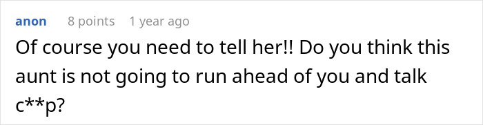A comment stating to tell the aunt about her bullying the babysitter.