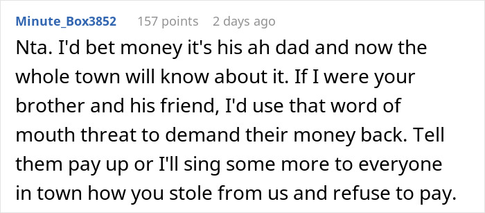 A Reddit comment suggesting using word of mouth threat to demand money back after parents deny brother access to the pool. A Reddit comment suggesting using word of mouth threat to demand money back after parents deny brother access to the pool.