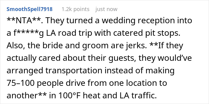 A comment about a 4-venue LA wedding, guests tired of driving and heading home.