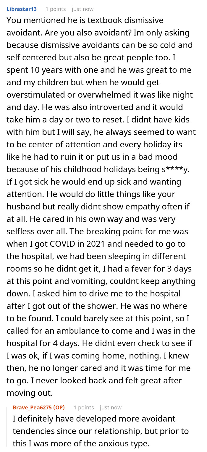 A long Reddit comment about a dismissive avoidant husband who left his pregnant wife. A long Reddit comment about a dismissive avoidant husband who left his pregnant wife.