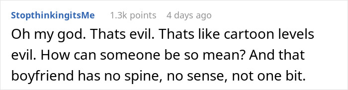 A screenshot of a Reddit comment by StopthinkingitsMe, calling the cruel plan evil. A screenshot of a Reddit comment by StopthinkingitsMe, calling the cruel plan evil.