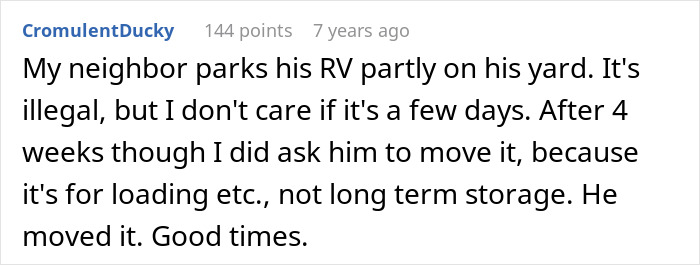 A Reddit comment discussing a neighbor's RV parking and a reasonable resolution, not an HOA conflict. A Reddit comment discussing a neighbor's RV parking and a reasonable resolution, not an HOA conflict.