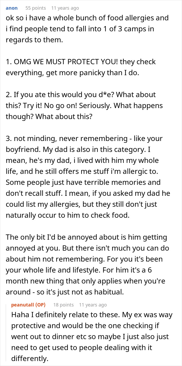 A Reddit comment categorizing responses to food allergies, including a boyfriend forgetting his girlfriend's allergy. A Reddit comment categorizing responses to food allergies, including a boyfriend forgetting his girlfriend's allergy.
