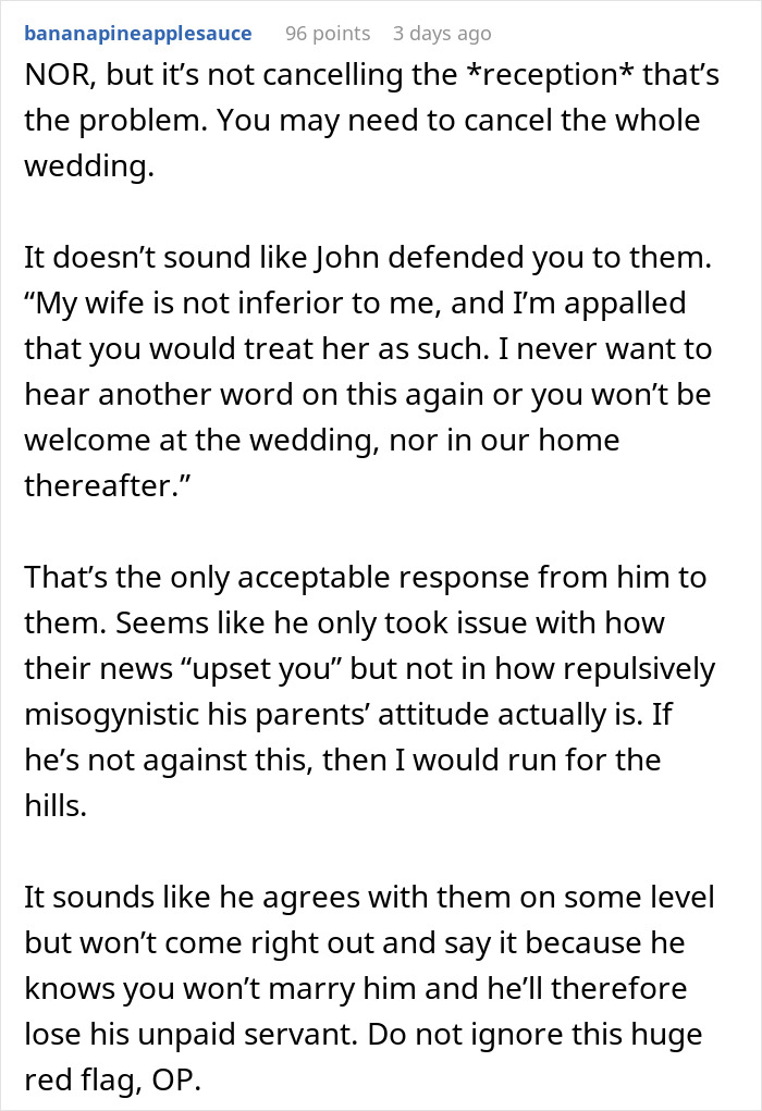 A Christian woman submitting, marriage advice, wedding reception. A comment suggesting canceling the whole wedding, not just the reception. A Christian woman submitting, marriage advice, wedding reception. A comment suggesting canceling the whole wedding, not just the reception.