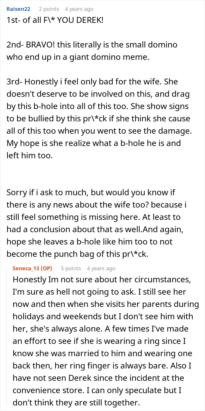 A Reddit screenshot showing comments condemning Derek and expressing concern for his wife, relating to the bully gaslights kid narrative. A Reddit screenshot showing comments condemning Derek and expressing concern for his wife, relating to the bully gaslights kid narrative.