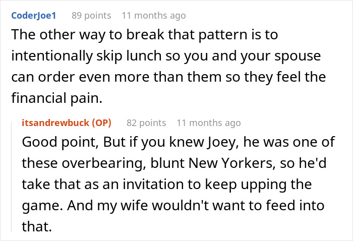 A screenshot of a comment about a couple finding fun dinner buddies, with advice on how to pay bills. A screenshot of a comment about a couple finding fun dinner buddies, with advice on how to pay bills.